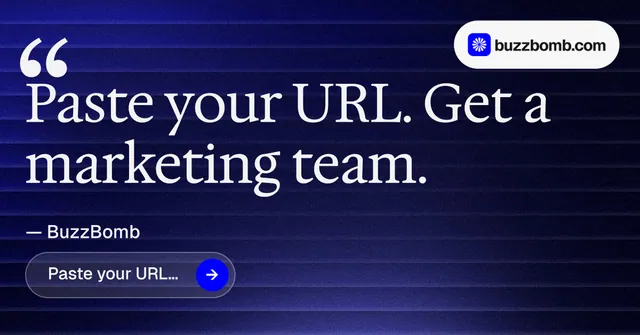 Social ad for BuzzBomb: "Paste your URL." Agentic glass style, quote layout, dark palette in blue, black, grey.