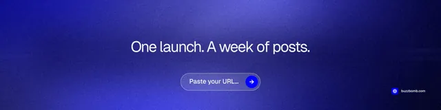LinkedIn banner for BuzzBomb: "One launch. A week of posts." Agentic glass style, centred layout, dark palette in blue.
