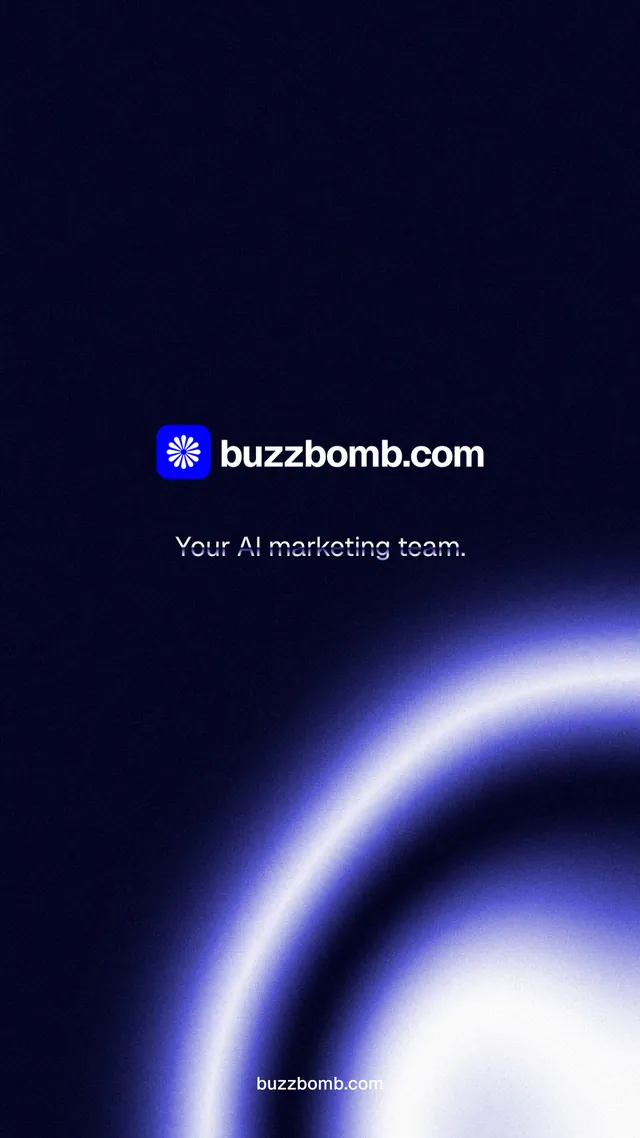 Instagram story for BuzzBomb: "Your AI marketing team." Agentic glass style, end card layout, dark palette in black, blue.