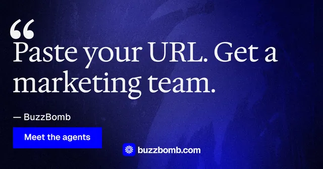 Social ad for BuzzBomb: "Get a marketing team." Swiss style, quote layout, dark palette in black, blue.