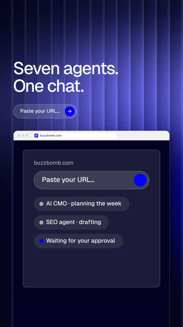 Instagram story for BuzzBomb: "Seven agents. One chat." Agentic glass style, browser layout, dark palette in blue, black.