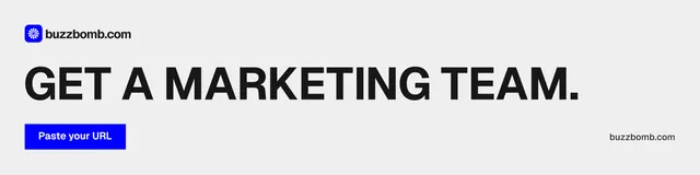 LinkedIn banner for BuzzBomb: "Get a marketing team." Swiss style, poster layout, light palette in white, grey.