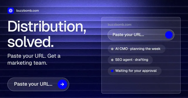 Social ad for BuzzBomb: "Distribution, solved." Agentic glass style, bottom layout, dark palette in blue, black.