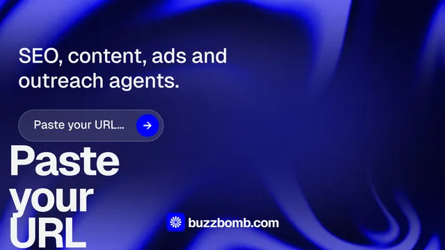Landscape graphic for BuzzBomb: "Get a marketing team." Agentic glass style, oversized layout, dark palette in blue.