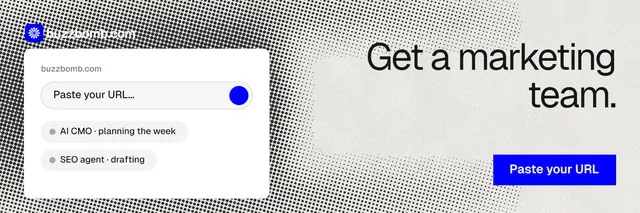 X header for BuzzBomb: "Get a marketing team." Swiss style, right layout, light palette in white, grey.