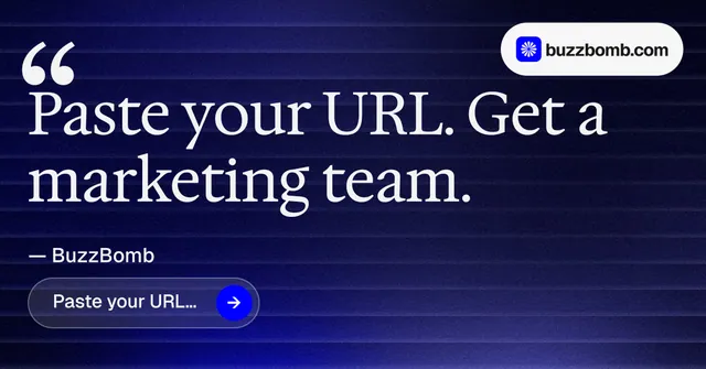 Social ad for BuzzBomb: "Spark some growth today." Agentic glass style, quote layout, dark palette in black, blue, grey.