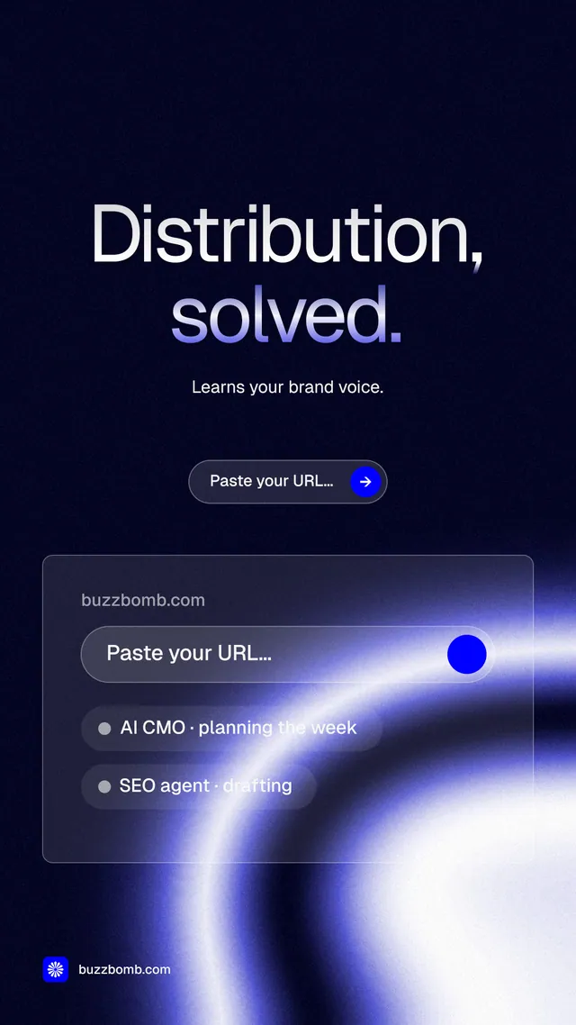 Instagram story for BuzzBomb: "Distribution, solved." Agentic glass style, centred layout, dark palette in black, blue.