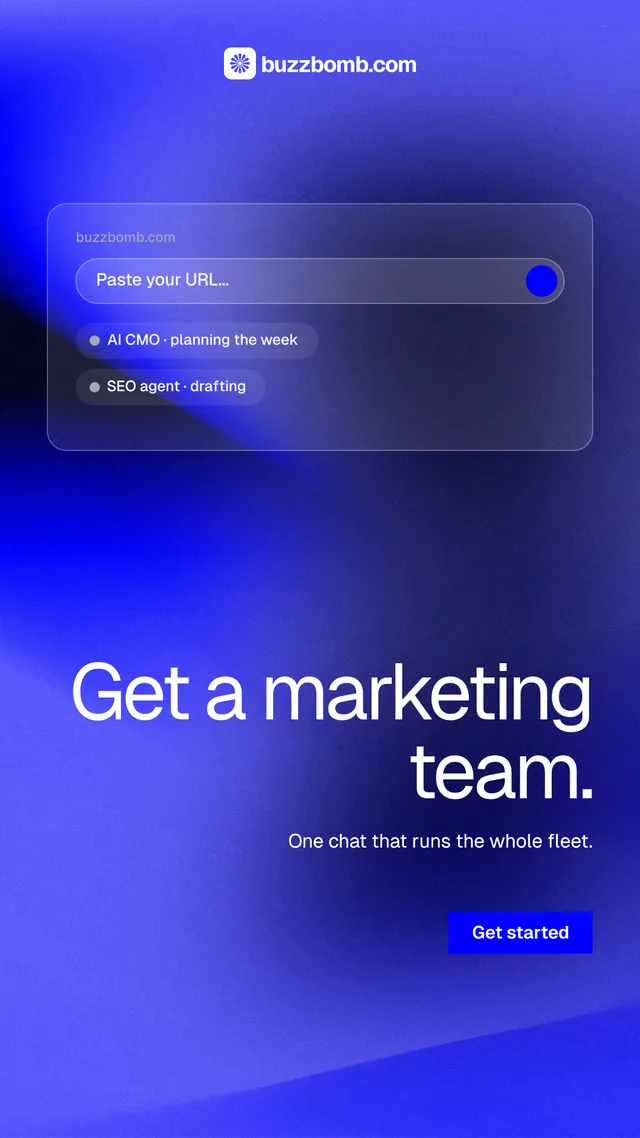 Instagram story for BuzzBomb: "Get a marketing team." Swiss style, right layout, dark palette in blue.