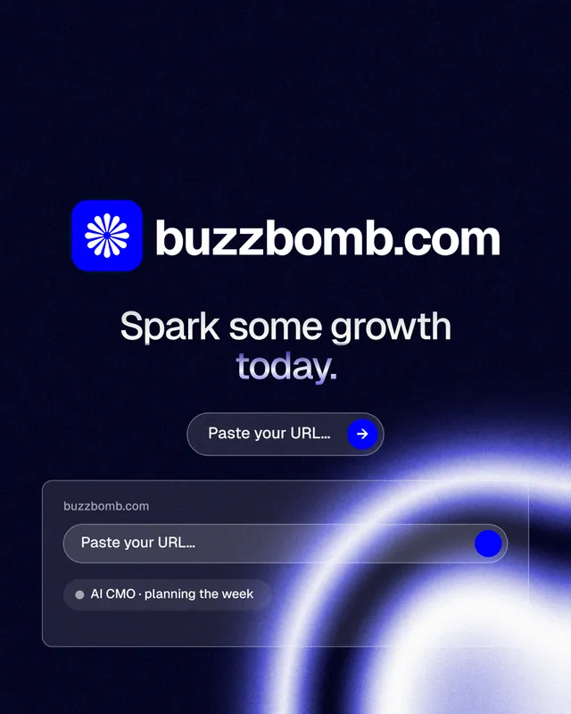 Instagram portrait post for BuzzBomb: "Spark some growth today." Agentic glass style, logo hero layout, dark palette in black, blue.