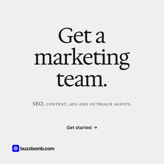 Instagram post for BuzzBomb: "Get a marketing team." Swiss style, smallcaps layout, light palette in white, grey.
