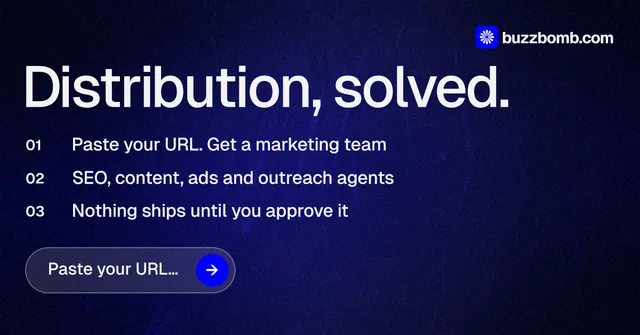 Social ad for BuzzBomb: "Distribution, solved." Agentic glass style, numbered layout, dark palette in black, blue, grey.