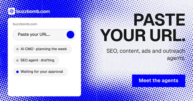Social ad for BuzzBomb: "Paste your URL." Swiss style, right layout, light palette in blue, white.