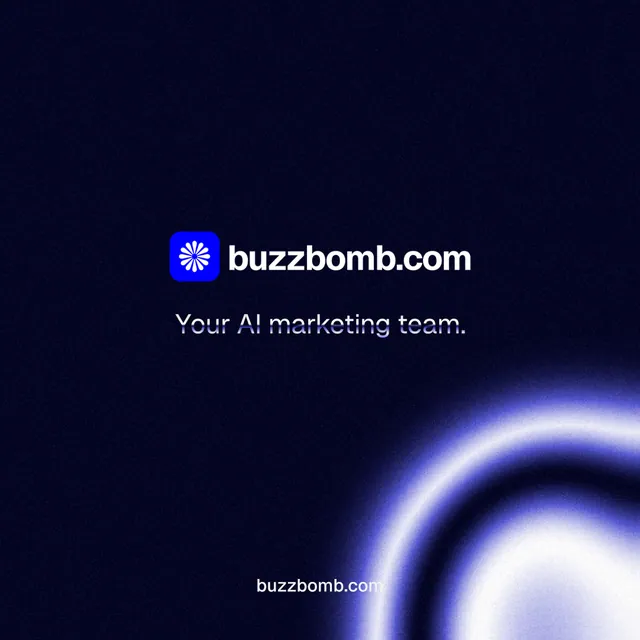 Instagram post for BuzzBomb: "Your AI marketing team." Agentic glass style, end card layout, dark palette in black, blue.