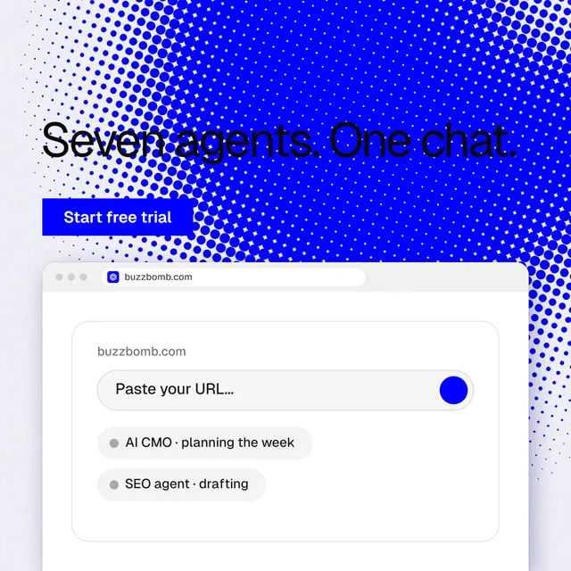Instagram post for BuzzBomb: "Seven agents. One chat." Swiss style, browser layout, light palette in blue, white.