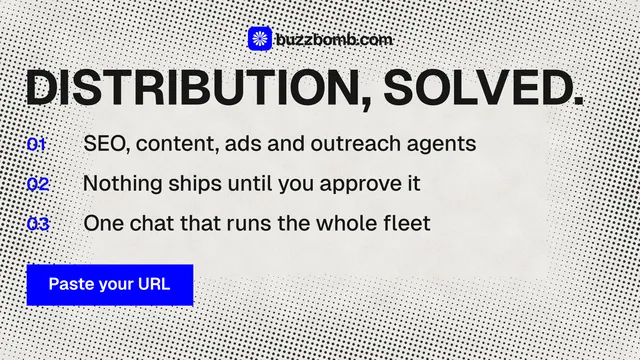 Landscape graphic for BuzzBomb: "Distribution, solved." Swiss style, numbered layout, light palette in grey, white.