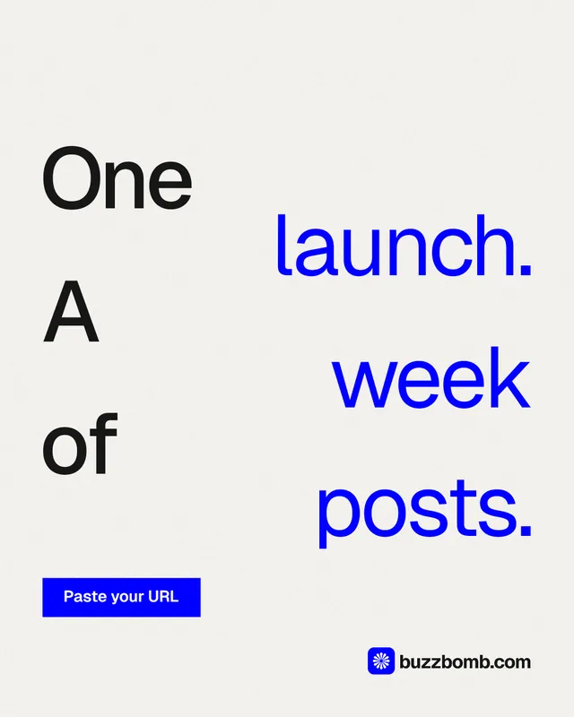 Instagram portrait post for BuzzBomb: "One launch. A week of posts." Swiss style, stacked layout, light palette in white, blue.