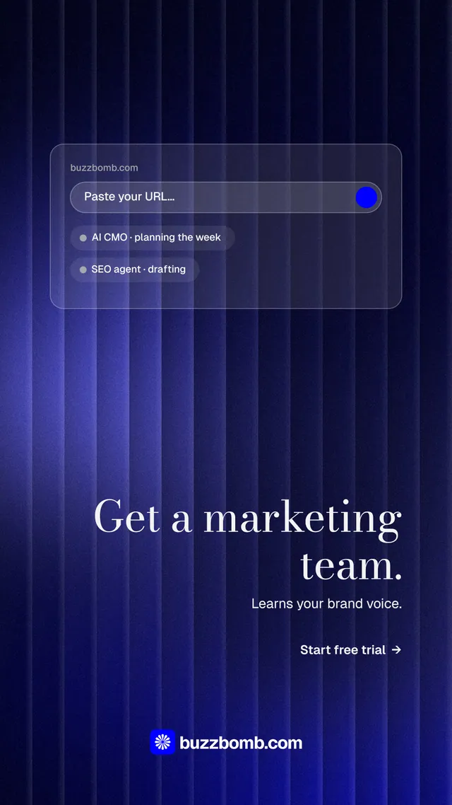 Instagram story for BuzzBomb: "Get a marketing team." Minimal luxury style, right layout, dark palette in black, blue.