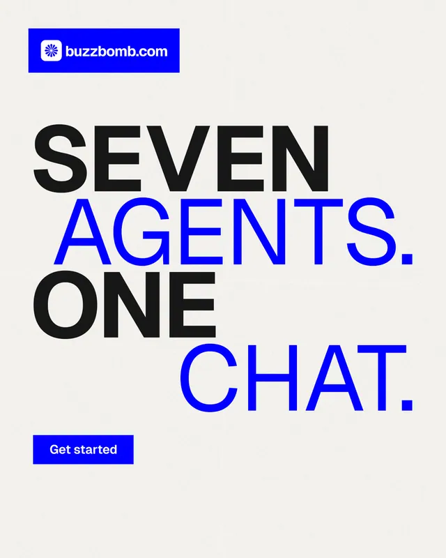 Instagram portrait post for BuzzBomb: "Seven agents. One chat." Swiss style, stacked layout, light palette in white, blue.