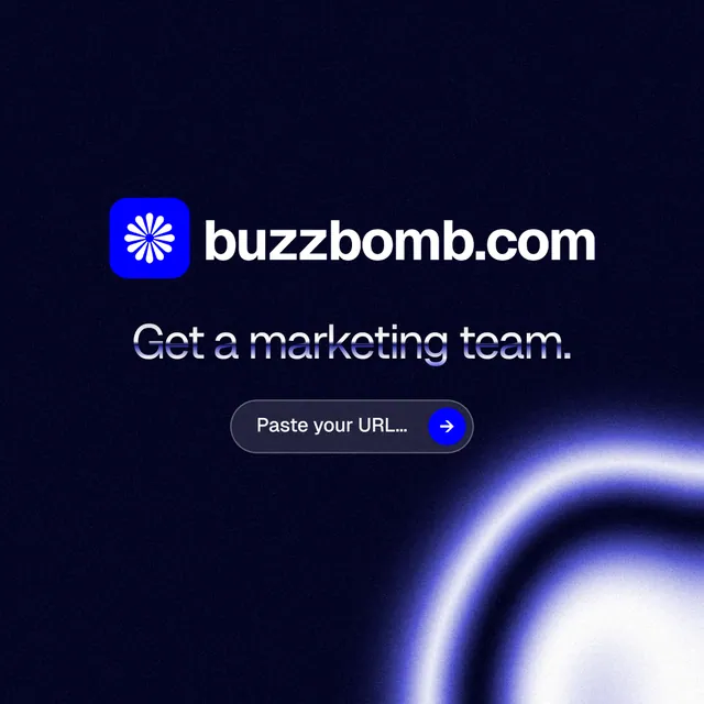 Instagram post for BuzzBomb: "Get a marketing team." Agentic glass style, logo hero layout, dark palette in black, blue.