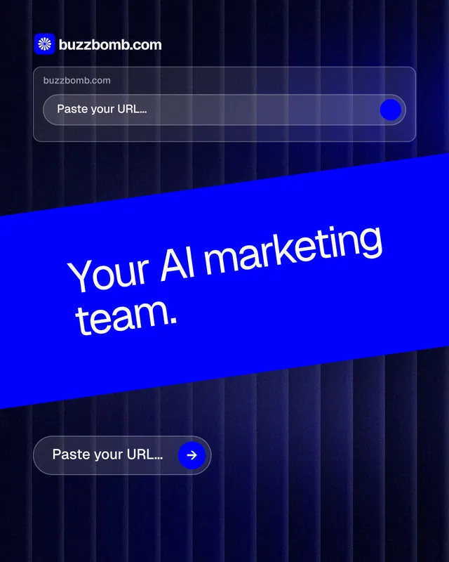 Instagram portrait post for BuzzBomb: "Your AI marketing team." Agentic glass style, diagonal layout, dark palette in blue.