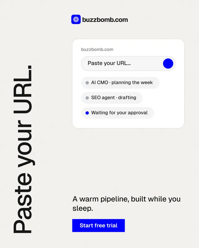 Instagram portrait post for BuzzBomb: "Paste your URL." Swiss style, vertical layout, light palette in white.