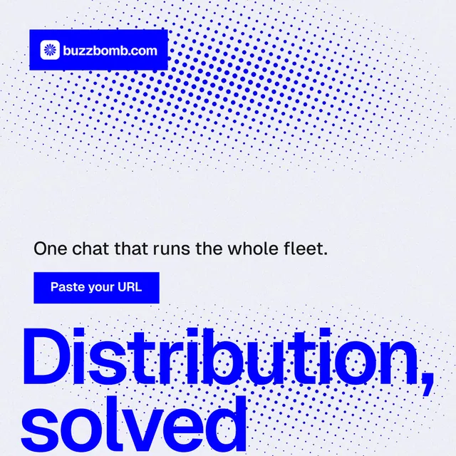 Instagram post for BuzzBomb: "Your AI marketing team." Split block style, oversized layout, light palette in white, blue.