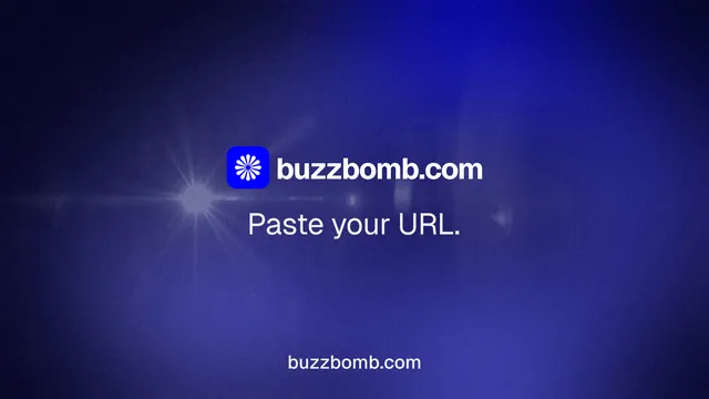 Landscape graphic for BuzzBomb: "Paste your URL." Swiss style, end card layout, dark palette in blue.