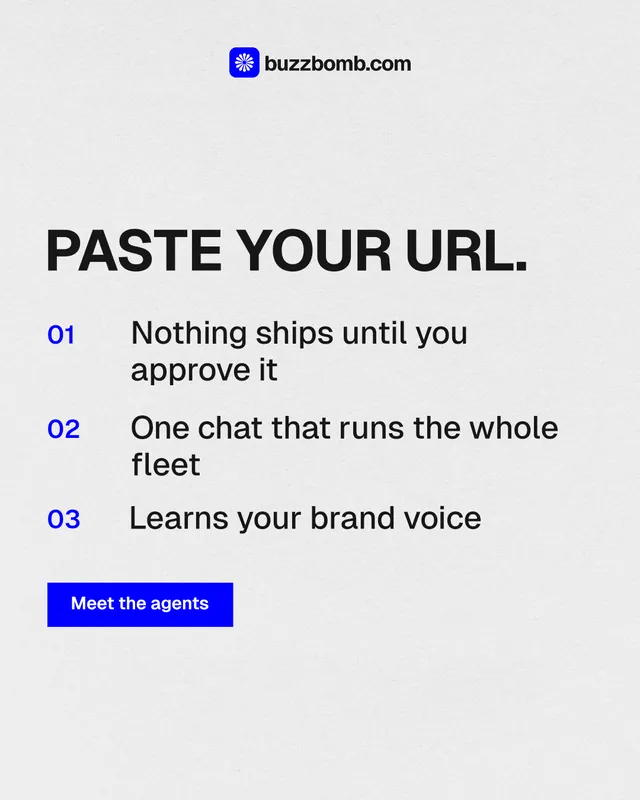Instagram portrait post for BuzzBomb: "Paste your URL." Swiss style, numbered layout, light palette in white, grey.