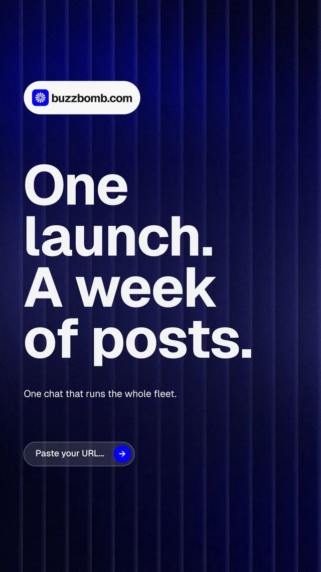 Instagram story for BuzzBomb: "One launch. A week of posts." Agentic glass style, announce layout, dark palette in black, blue, grey.