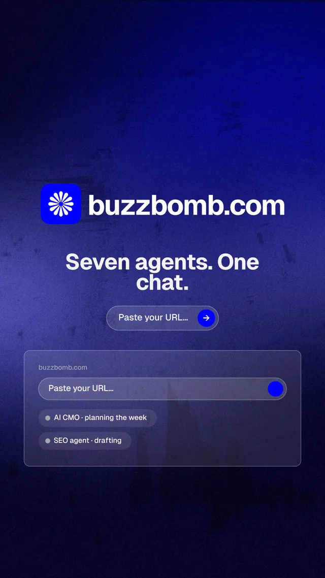 Instagram story for BuzzBomb: "Seven agents. One chat." Agentic glass style, logo hero layout, dark palette in black, blue.
