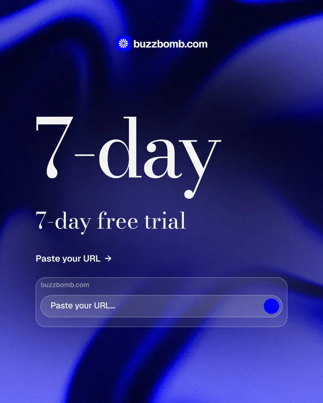 Instagram portrait post for BuzzBomb: "Spark some growth today." Minimal luxury style, stat layout, dark palette in black, blue.