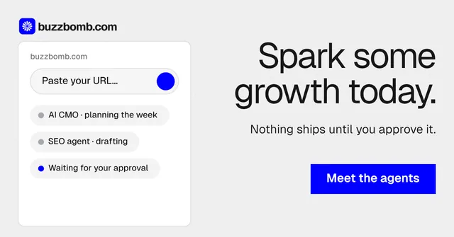 Social ad for BuzzBomb: "Spark some growth today." Swiss style, right layout, light palette in white, blue.