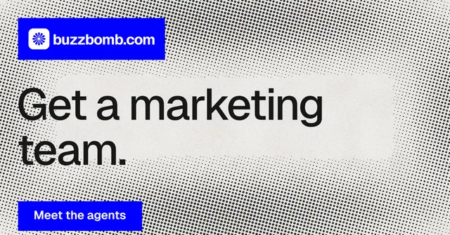 Social ad for BuzzBomb: "Get a marketing team." Swiss style, announce layout, light palette in grey, white, blue.