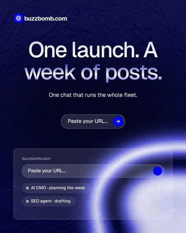Instagram portrait post for BuzzBomb: "One launch. A week of posts." Agentic glass style, centred layout, dark palette in blue, black.