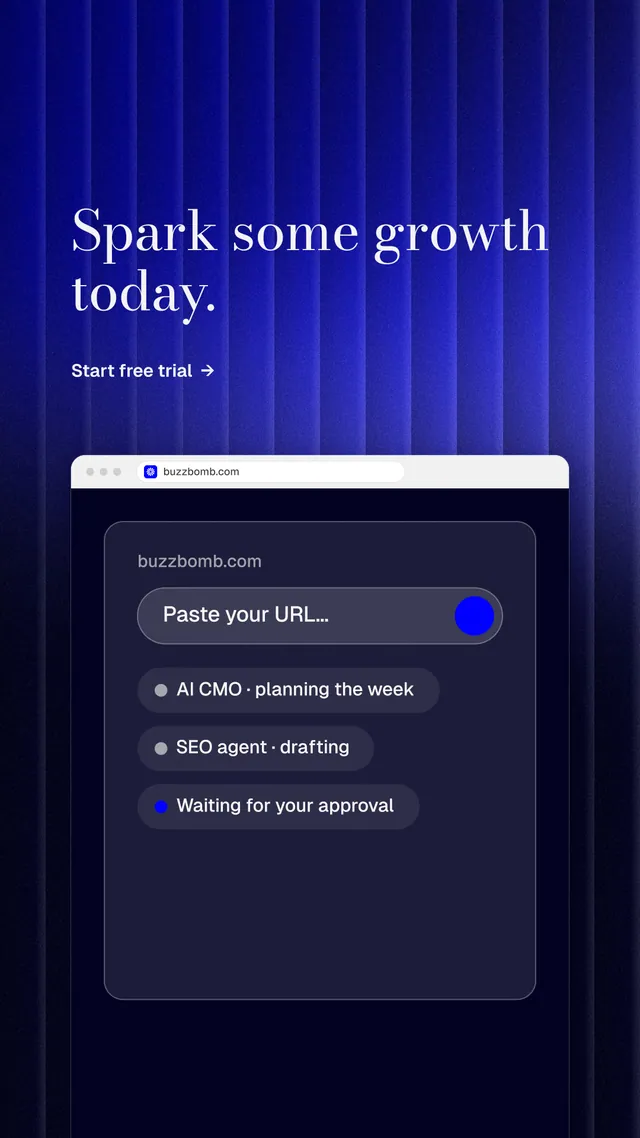 Instagram story for BuzzBomb: "Spark some growth today." Minimal luxury style, browser layout, dark palette in blue, black.
