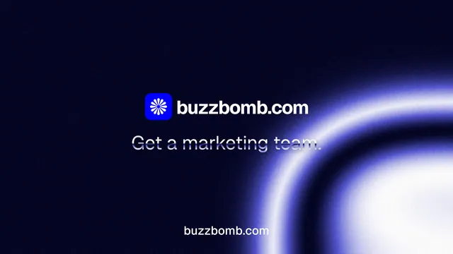 Landscape graphic for BuzzBomb: "Get a marketing team." Agentic glass style, end card layout, dark palette in black, blue.