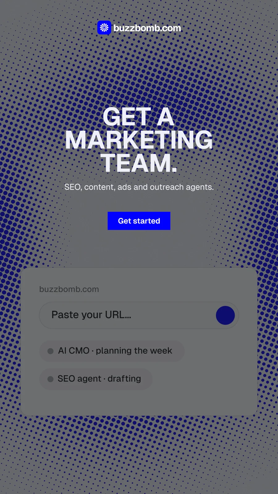 Instagram story for BuzzBomb: "Get a marketing team." Swiss style, centred layout, dark palette in grey, blue.