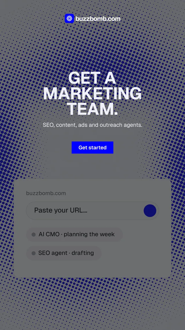 Instagram story for BuzzBomb: "Get a marketing team." Swiss style, centred layout, dark palette in grey, blue.