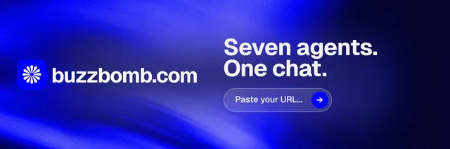 X header for BuzzBomb: "Seven agents. One chat." Agentic glass style, logo hero layout, dark palette in blue.