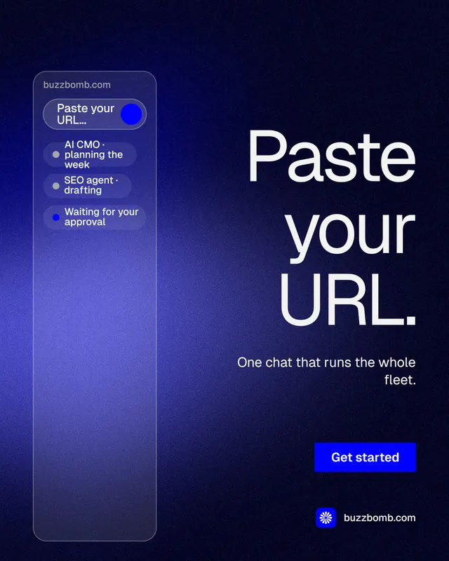 Instagram portrait post for BuzzBomb: "Paste your URL." Swiss style, right layout, dark palette in black, blue.