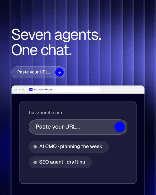 Instagram portrait post for BuzzBomb: "Seven agents. One chat." Agentic glass style, browser layout, dark palette in blue, black.