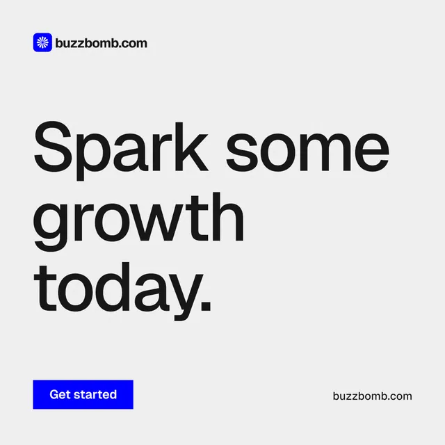 Instagram post for BuzzBomb: "Spark some growth today." Swiss style, poster layout, light palette in white, grey.