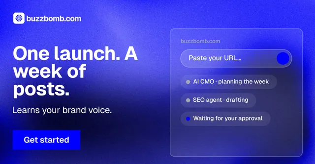 Social ad for BuzzBomb: "One launch. A week of posts." Swiss style, bottom layout, dark palette in blue.