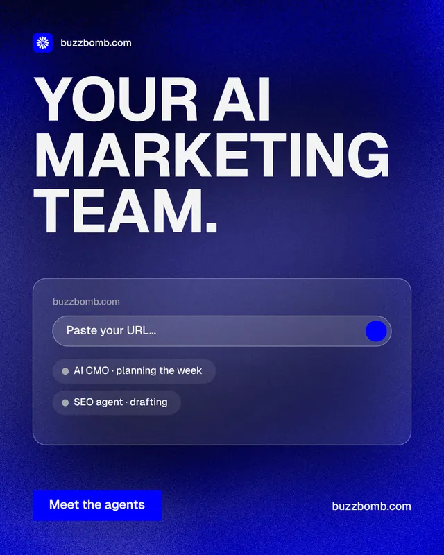 Instagram portrait post for BuzzBomb: "Your AI marketing team." Swiss style, poster layout, dark palette in blue, grey.