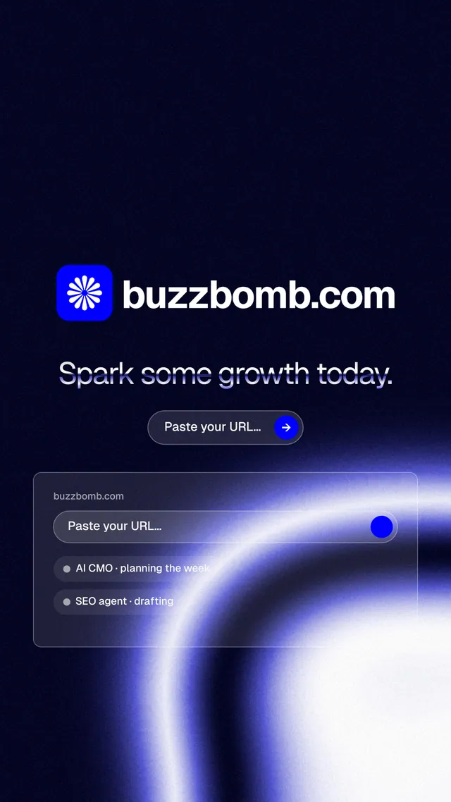 Instagram story for BuzzBomb: "Spark some growth today." Agentic glass style, logo hero layout, dark palette in black, blue.