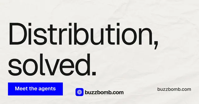 Social ad for BuzzBomb: "Distribution, solved." Swiss style, poster layout, light palette in white, grey.