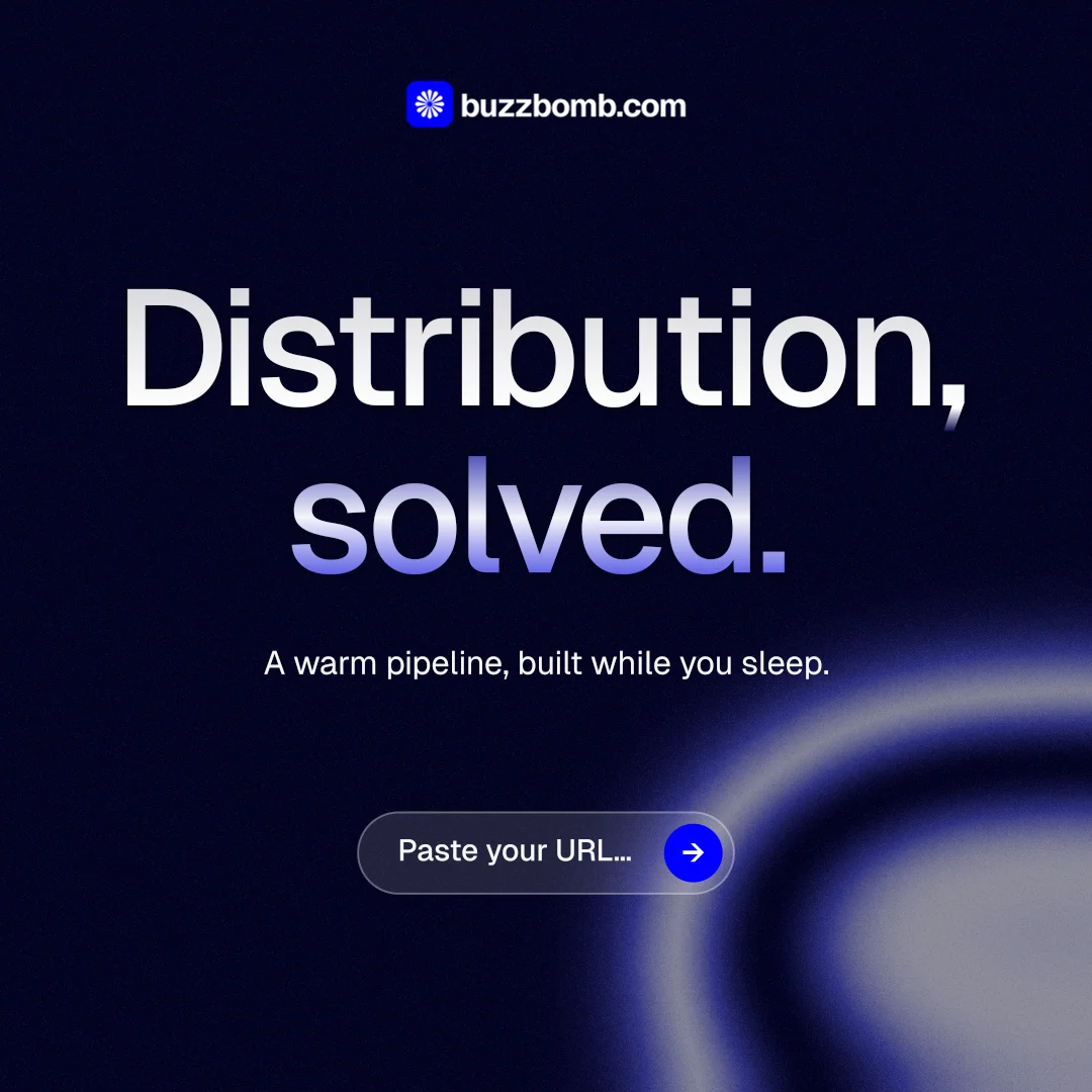 Instagram post for BuzzBomb: "Distribution, solved." Agentic glass style, centred layout, dark palette in black, blue.