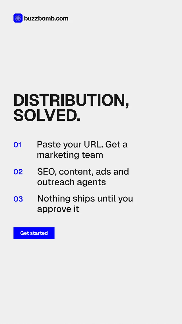 Instagram story for BuzzBomb: "Distribution, solved." Swiss style, numbered layout, light palette in white.