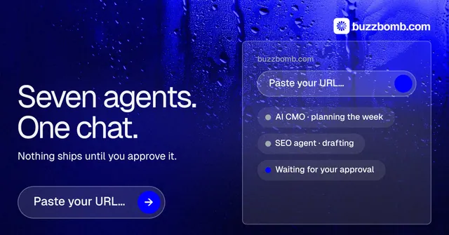 Social ad for BuzzBomb: "Seven agents. One chat." Agentic glass style, bottom layout, dark palette in blue.