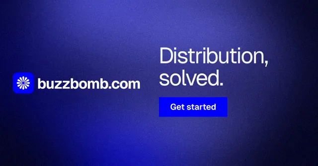 Social ad for BuzzBomb: "Distribution, solved." Swiss style, logo hero layout, dark palette in blue.